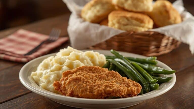 Fried chicken, mashed potatoes, green beans, and buttermilk biscuits.