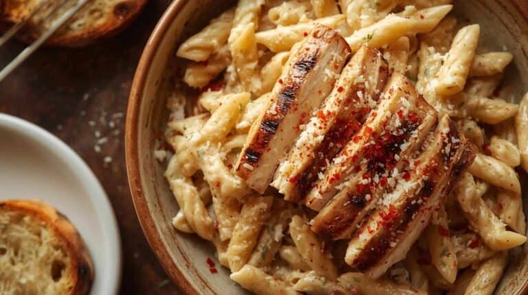 Copycat Chili's Cajun chicken pasta and garlic bread.