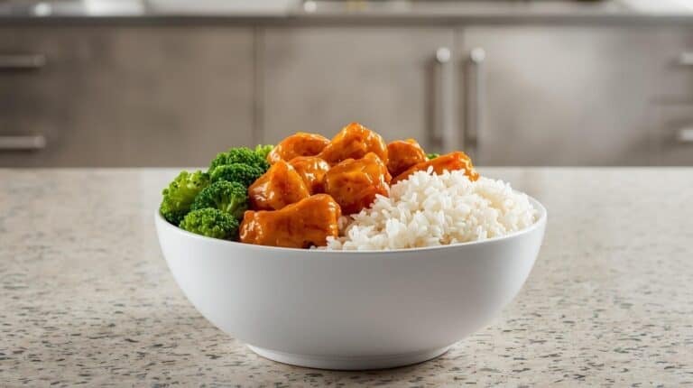 A bowl of Panda Express-style orange chicken with steamed rice and broccoli on a kitchen counter.