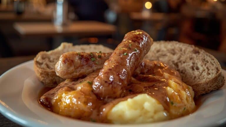 Bangers and mash served with bread slices.