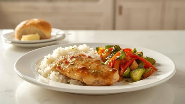 Baked lemon garlic chicken with sauteed vegetables and rice on a plate. Roll and butter on a bread plate.