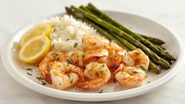 Grilled shrimp with lemon, rice, and roasted asparagus on a dinner table.