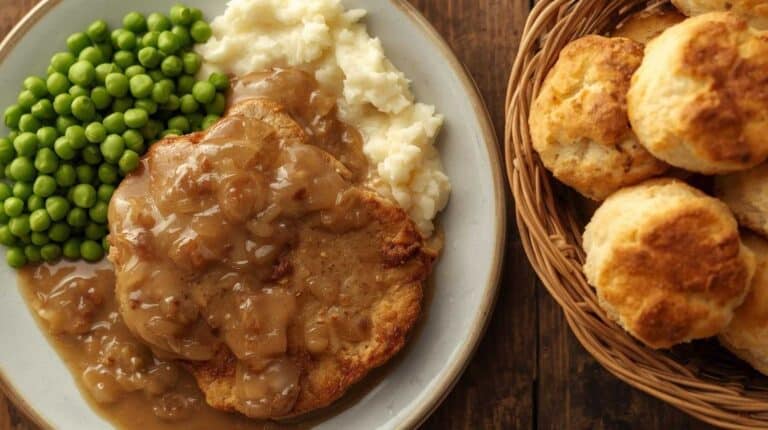 Fried pork chops with onion gravy, mashed potatoes, peas, and biscuits.