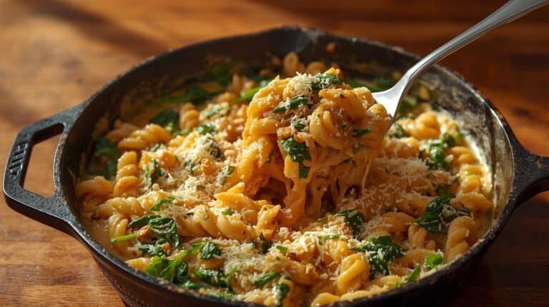 A skillet of creamy chicken pasta with spinach and parmesan on kitchen table.