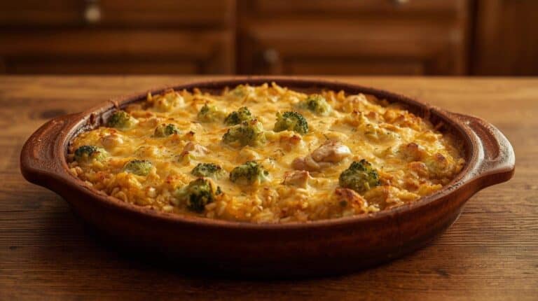 Chicken and rice casserole with broccoli and melted cheese topping in a large ceramic baking dish on a wooden kitchen table.