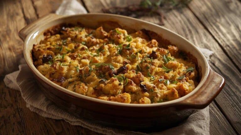 A chicken and dressing casserole in a ceramic baking dish on a wood table.
