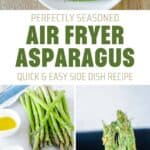 Air fryer seasoned asparagus on a plate, air frying, and the ingredients to make it.