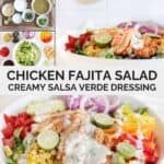 Homemade fajita chicken salad and creamy salsa verde dressing ingredients and the salad.