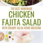 Homemade chicken fajita salad with creamy salsa verde dressing and the ingredients for it.