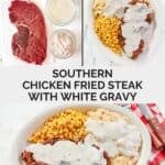 Ingredients to make chicken fried steak and white gravy and them served with mashed potatoes and corn.