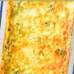 Chili relleno casserole in a glass baking dish.