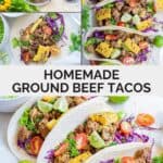 Ingredients for ground beef tacos and the soft tacos loaded with toppings.