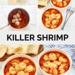 Killer shrimp ingredients, cooking it, and serving it with bread.