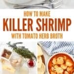 Bowls of shrimp in tomato her broth and the ingredients to make it.