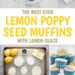 Homemade lemon poppy seed muffins with lemon glaze and the ingredients to make them.