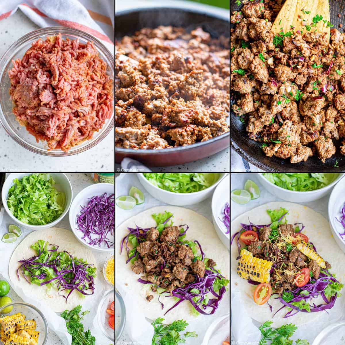 Making ground beef tacos with lettuce, tomato, purple cabbage, cheese, corn, and cilantro.