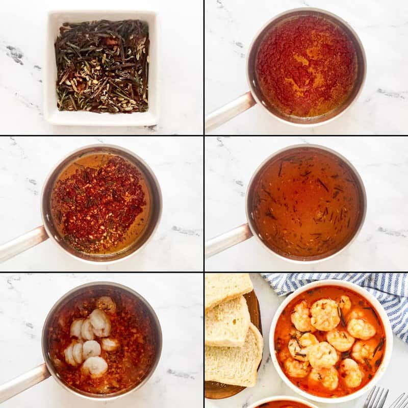 Making a buttery tomato herb broth and cooking shrimp in it.