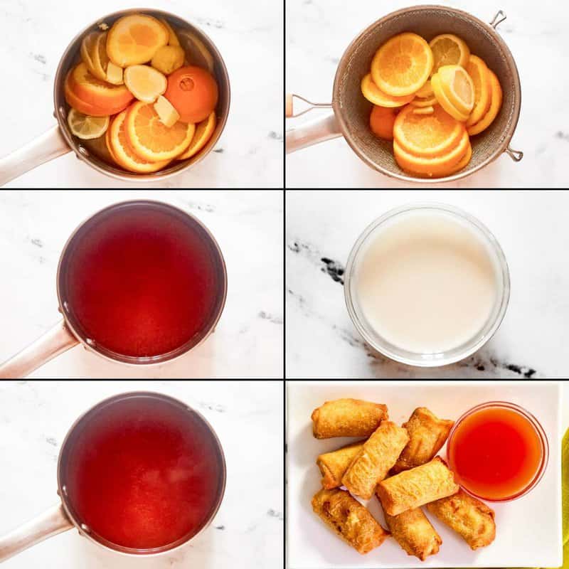 Cooking lemon and orange slices, straining it, and making sweet and sour sauce with it.