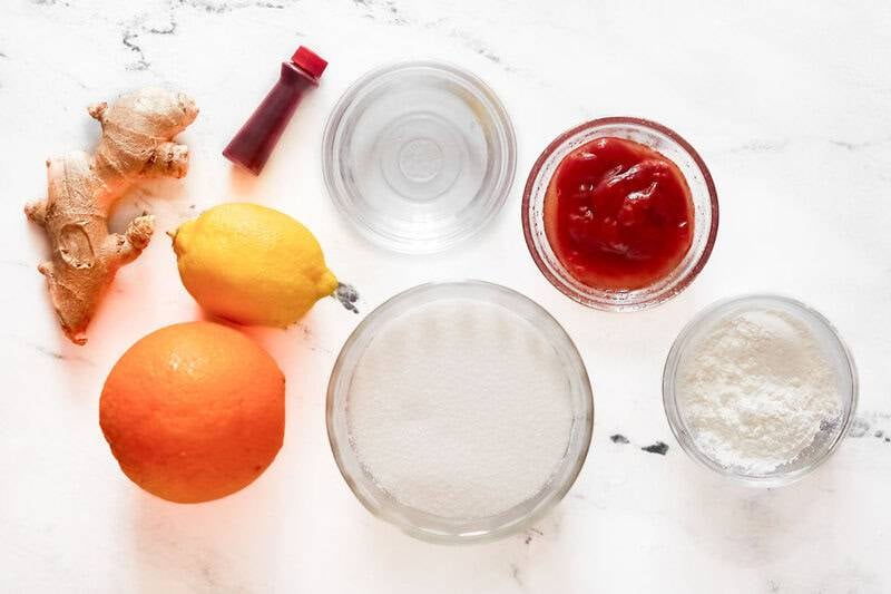 Orange, lemon, ginger root, sugar, vinegar, ketchup, and cornstarch.