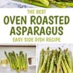 Oven roasted asparagus spears on a platter and the ingredients for it.