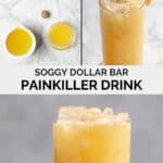 Ingredients for a painkiller drink and the cocktail.