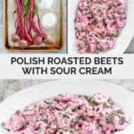 Ingredients for Polish roasted beets with sour cream sauce and the salad on a platter.