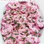 Polish roasted beets with sour cream salad on a platter.