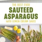 Sauteed asparagus with lemon cream sauce on a platter and the ingredients to make it.