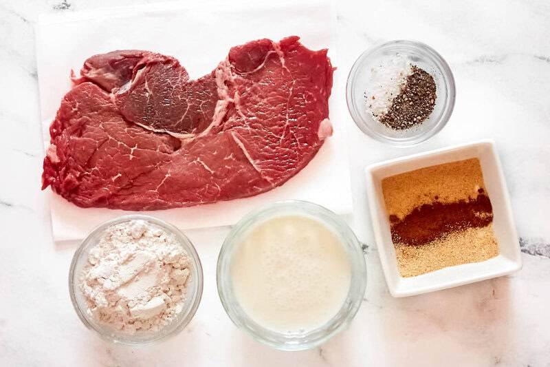 Sirloin steak, flour, milk, and seasonings.