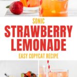Glasses of copycat Sonic Strawberry lemonade and the ingredients to make it.
