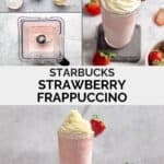 Ingredients to make a copycat Starbucks strawberry frappuccino and the blended drink.