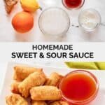 Sweet and sour sauce ingredients and the sauce served with egg rolls.