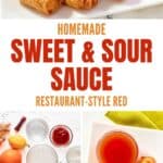 Homemade Chinese sweet and sour sauce served with egg rolls and the ingredients to make it.