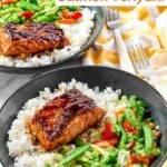 Rice bowls with teriyaki salmon and stir-fried vegetables.