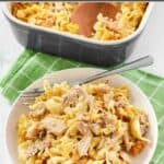 Tuna casserole with mushrooms and noodles baked and served for dinner.