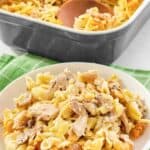 A serving of a casserole with tuna, noodles, and buttery cracker topping.