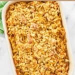 A freshly baked tuna casserole with mushrooms ready to serve.