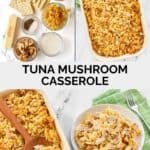 Ingredients to make tuna mushroom noodle casserole and the dish baked and served.