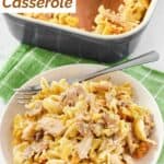 A serving of tuna mushroom casserole in front of the baked dish.