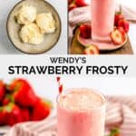 Copycat Wendy's strawberry frosty ingredients and the frozen treat in a tall glass.