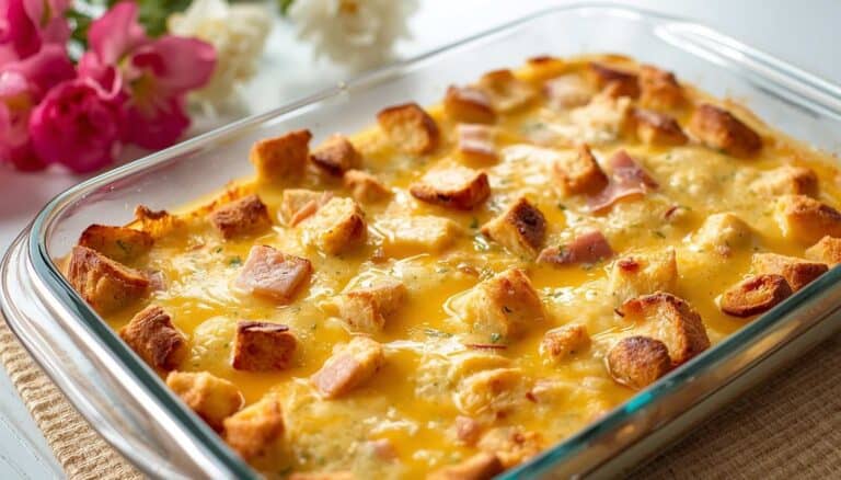 A ham and cheese breakfast casserole with eggs, bread cubes, and melted cheese baked in a glass dish on a bright kitchen table with flowers nearby.
