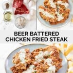 Beer battered chicken fried steaks ingredients and the steaks served with gravy.