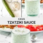 Copycat CAVA tzatziki ingredients and the sauce in a small jar.