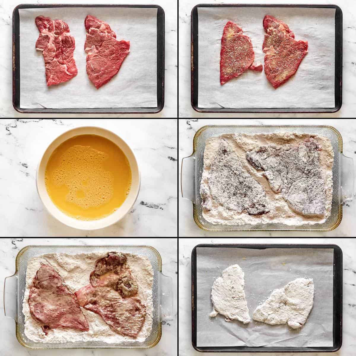 Coating round steaks with beer batter.