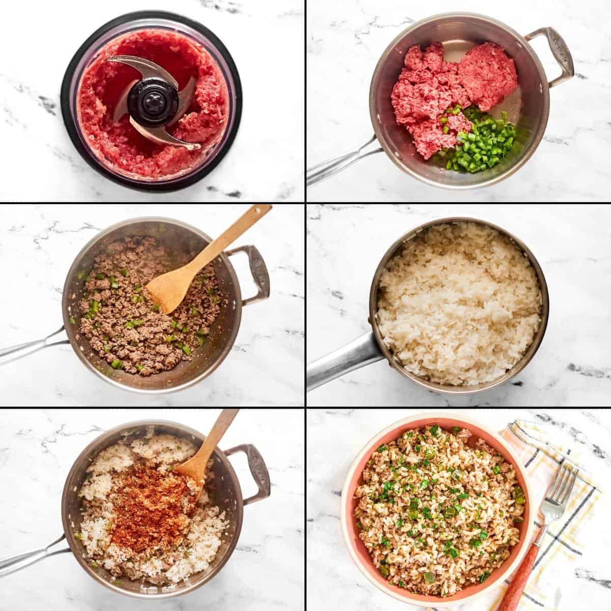Making a Cajun seasoned ground beef and rice dish.