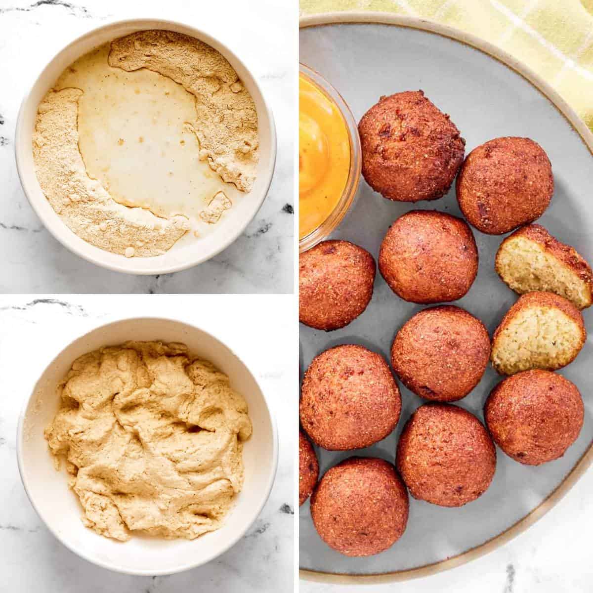 Preparing hush puppy batter and serving the hush puppies.