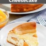 A slice of homemade Olive Garden peaches and cream cheesecake on a dessert plate.