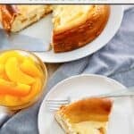 Homemade Olive Garden peaches and cream cheesecake and a bowl of peach slices.