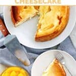 Homemade Olive Garden peaches and cream cheesecake and a slice on a plate.