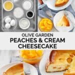 Copycat Olive Garden peaches and cream cheesecake ingredients and the baked cheesecake.